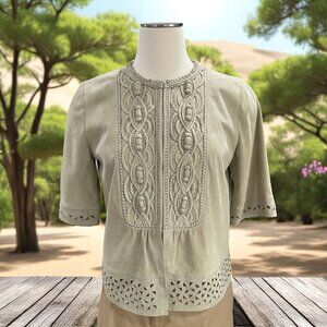 Elie Tahari Suede Embroidered Top Small Laser Cut Boho Western Luxe Beige